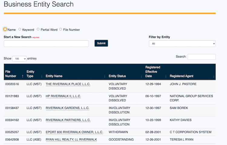 Screenshot of sample results from the Illinois Business Entity Search