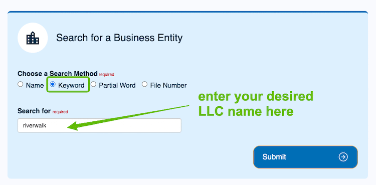 Screenshot with instructions on how to use the Illinois Business Entity Search