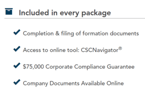 Every formation package from Incorporate.com includes formation document filing, online document availability, and a corporate compliance guarantee.