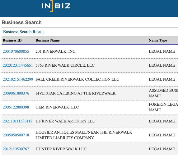 Screenshot of sample results from the Indiana Business Entity Search