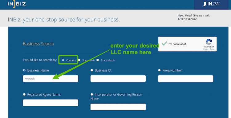 Screenshot with instructions on how to use the Indiana Business Entity Search