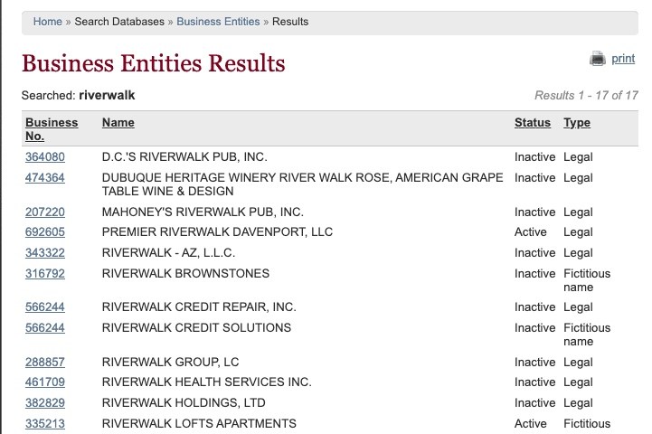 Screenshot of sample results from the Iowa Business Entity Search