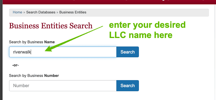 Screenshot with instructions on how to use the Iowa Business Entity Search