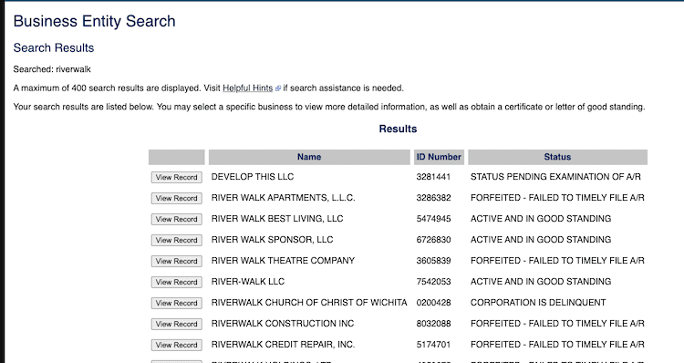 Screenshot of sample results from the Kansas Business Entity Search