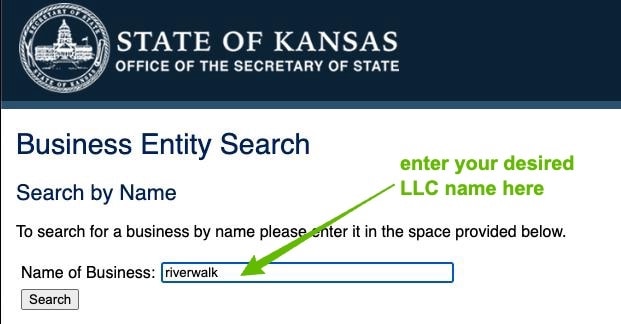 Screenshot with instructions on how to use the Kansas Business Entity Search