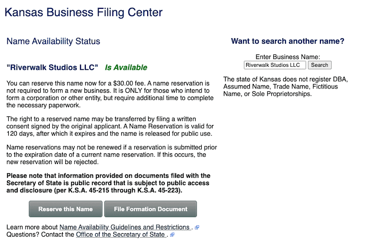 Screenshot of sample results from the Kansas Business Name Availability Search
