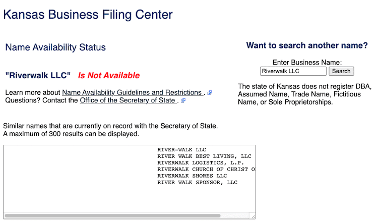 Screenshot of sample results from the Kansas Business Name Availability Search