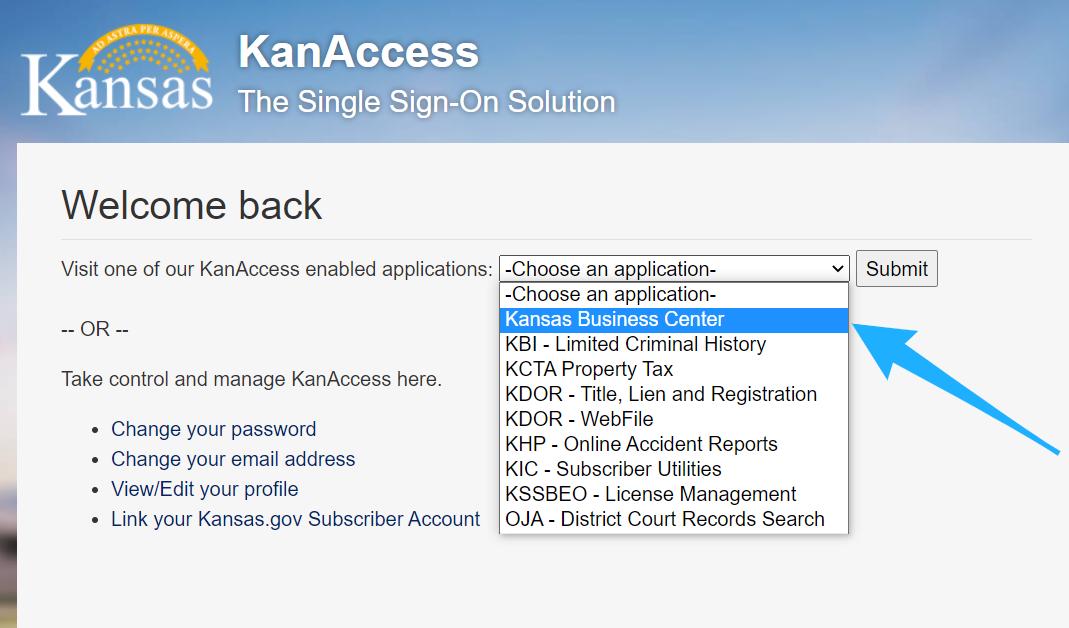 Screenshot of the Kansas LLC online filing with an arrow pointing to the Kansas Business Center