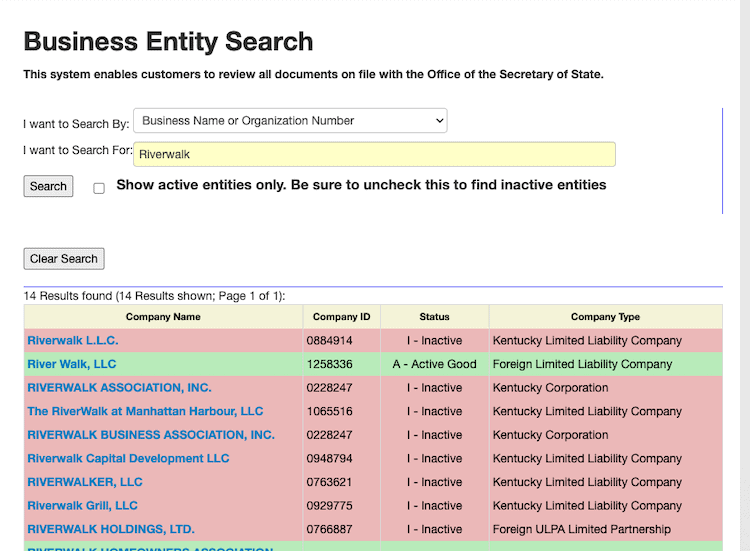 Screenshot of sample results from the Kentucky Business Entity Search