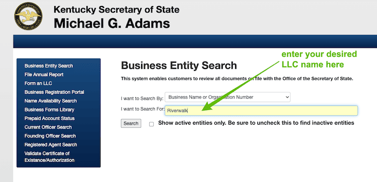 Screenshot with instructions on how to use the Kentucky Business Entity Search