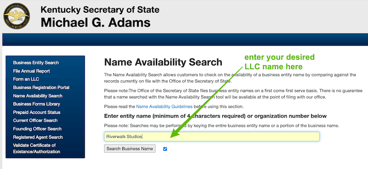 Screenshot with instructions on how to use the Kentucky Business Name Availability Search