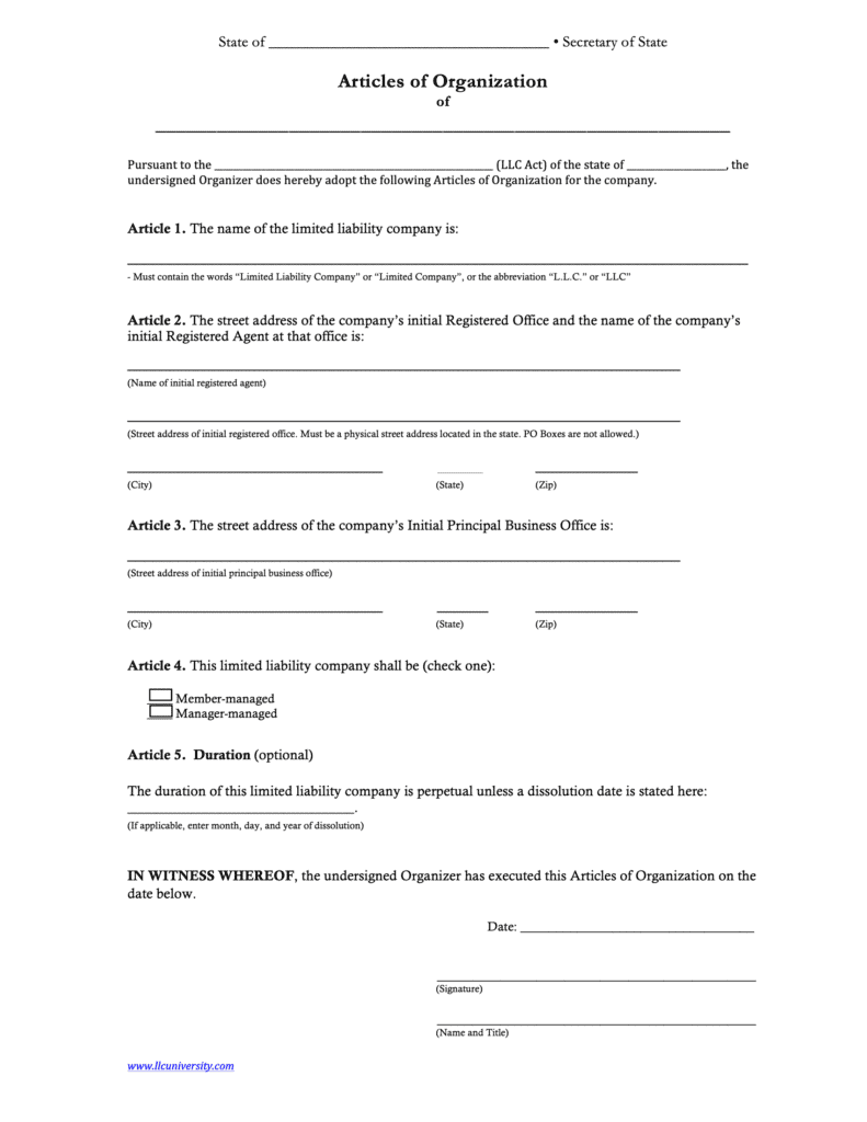 This Articles of Organization sample shows the most common 5 articles used in forming an LLC.