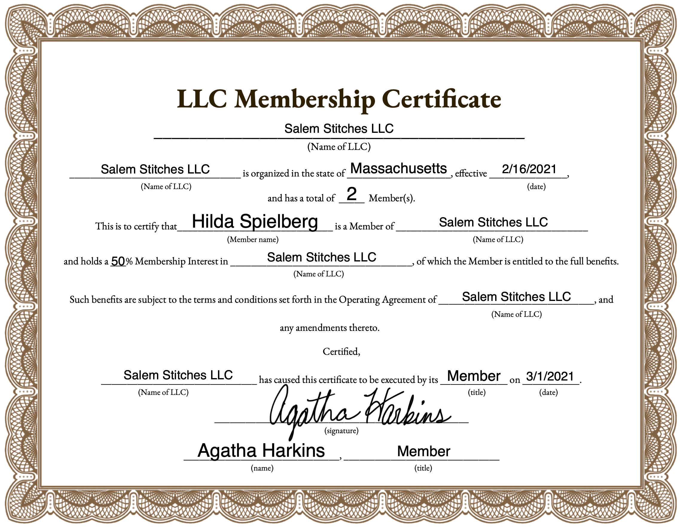 Example of a completed LLC Membership Certificate template