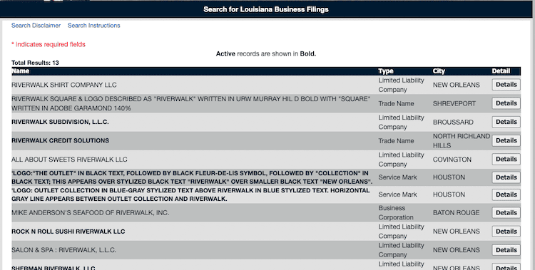 Screenshot of sample results from the Louisiana Business Entity Search