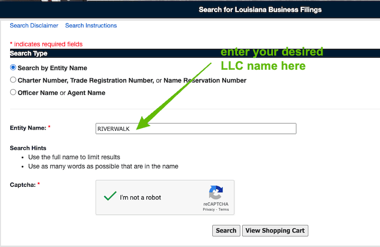 Screenshot with instructions on how to use the Louisiana Business Entity Search