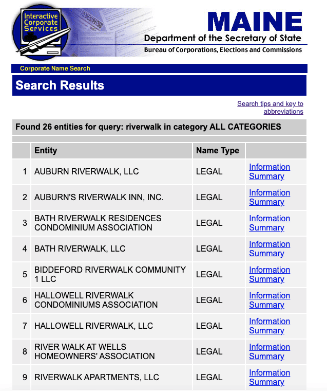 Screenshot of sample results from the Maine Business Entity Search