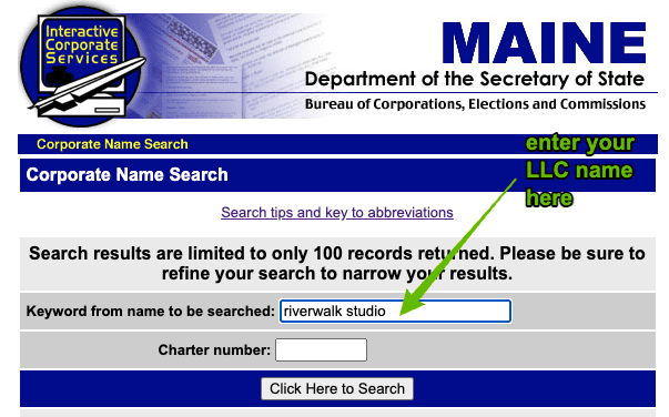 Screenshot with instructions on how to use the Maine Business Entity Search