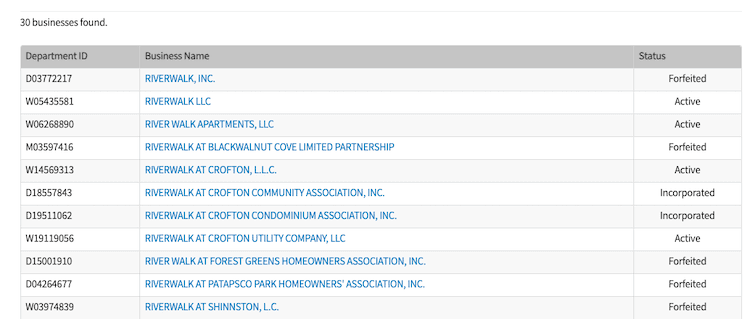 Screenshot of sample results from the Maryland Business Entity Search