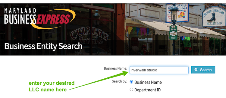 Screenshot with instructions on how to use the Maryland Business Entity Search