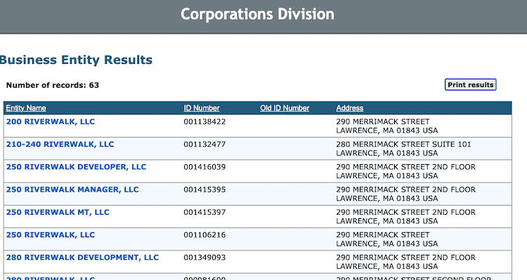 Screenshot of sample results from the Massachusetts Business Entity Search