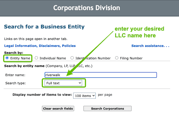 Screenshot with instructions on how to use the Massachusetts Business Entity Search