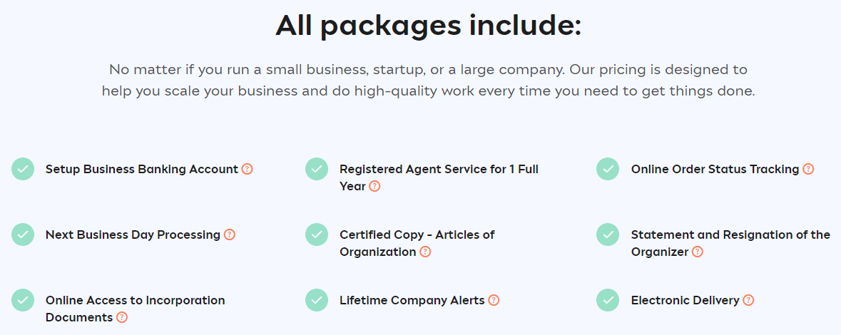 All MaxFilings packages offer the same basic LLC Service, plus escalating extras detailed in the text below.