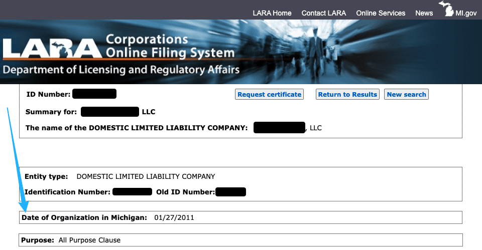 Screenshot of the Michigan LARA Corporations Online Filing System with an arrow pointing to the Date of Organization in Michigan for an example LLC.