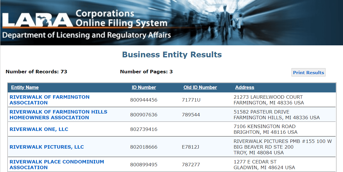 Michigan LLC Business Name Search Results include the entity name, ID number, Old ID number, and address.