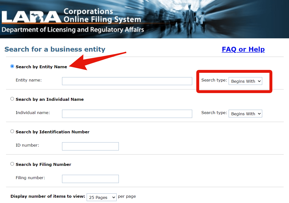 The Michigan LLC Entity Name search box is the first field on the LARA search page under Search by Entity Name.