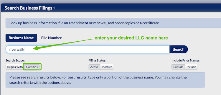 Screenshot with instructions on how to use the Minnesota Business Entity Search