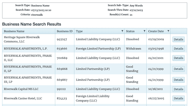 Screenshot of sample results from the Mississippi Business Entity Search