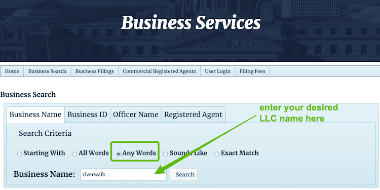 Screenshot with instructions on how to use the Mississippi Business Entity Search