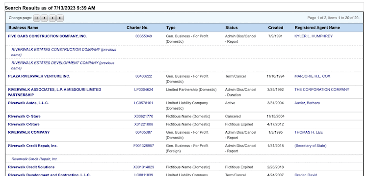 Screenshot of sample results from the Missouri Business Entity Search