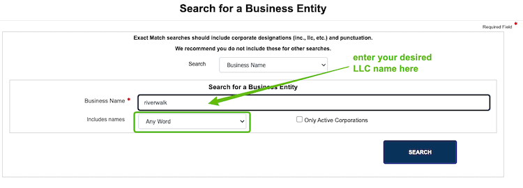 Screenshot with instructions on how to use the Missouri Business Entity Search