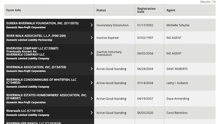 Screenshot of sample results from the Montana Business Entity Search