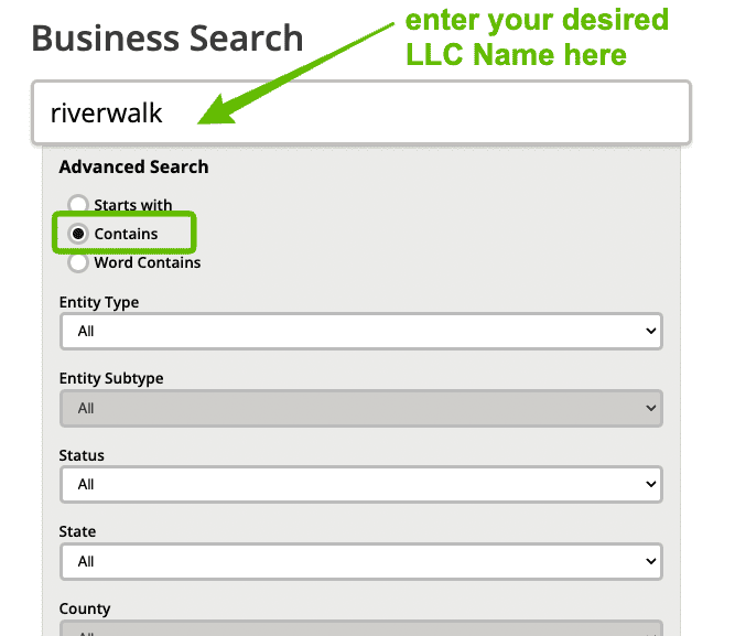 Screenshot with instructions on how to use the Montana Business Entity Search