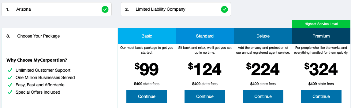 MyCorporation lists the Arizona LLC state filing fee along with their package amounts.