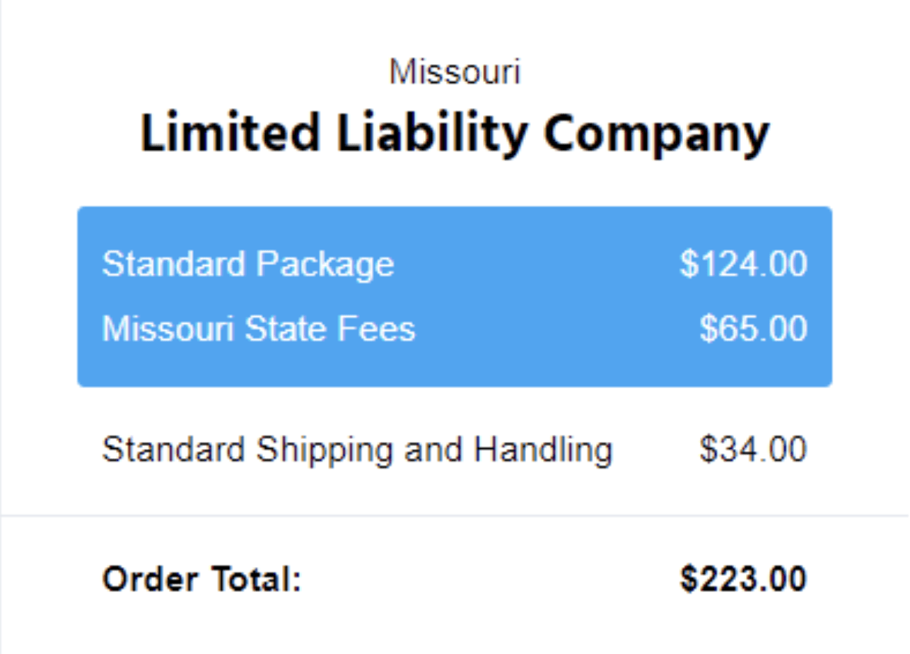 MyCorporation breaks down their Missouri fee for their standard package, state fees, and shipping.