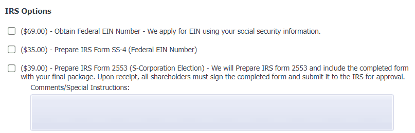 MyLLC.com Inc offers 3 IRS form options.