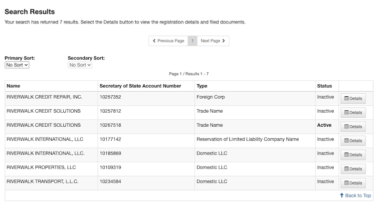 Screenshot of sample results from the Nebraska Business Entity Search