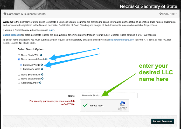 Screenshot with instructions on how to use the Nebraska Business Entity Search