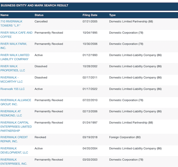 Screenshot of sample results from the Nevada Business Entity Search