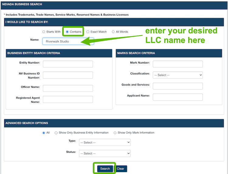 Screenshot with instructions on how to use the Nevada Business Entity Search