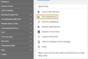 In the New Hampshire QuickStart dashboard, an orange box surrounds the words File Annual Report.