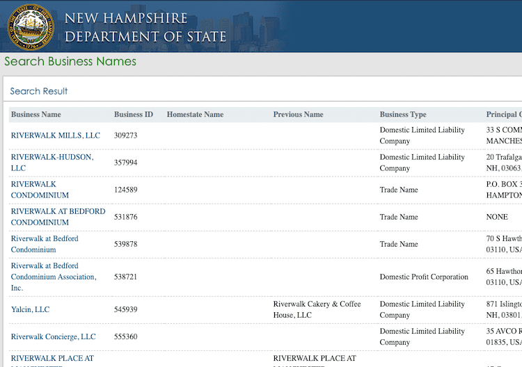 Screenshot of sample results from the New Hampshire Business Entity Search