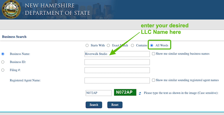 Screenshot with instructions on how to use the New Hampshire Business Entity Search