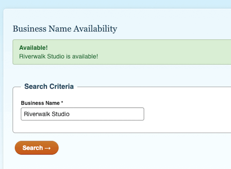 Screenshot of sample results from the New Jersey Business Name Availability Search