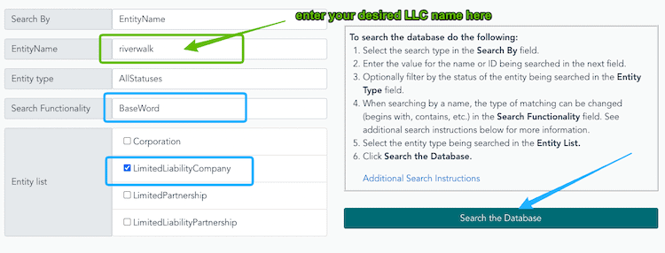 Screenshot with instructions on how to use the New York Business Entity Search