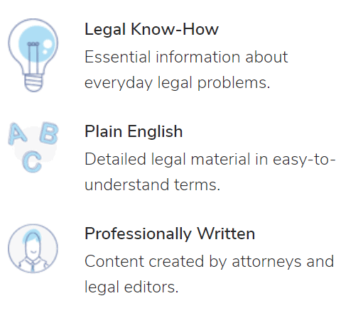 Nolo's claims to have legal know-how, simple language, and a professional legal form collection.