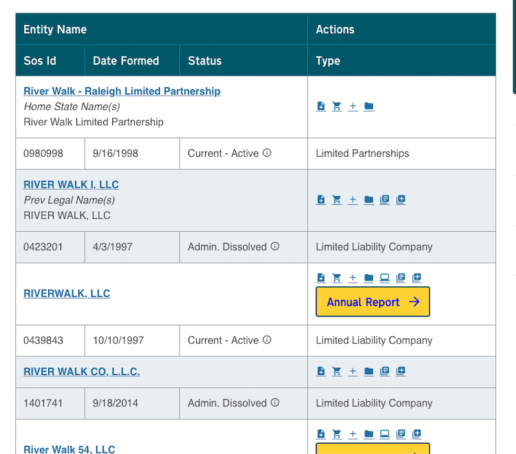 Screenshot of sample results from the North Carolina Business Entity Search